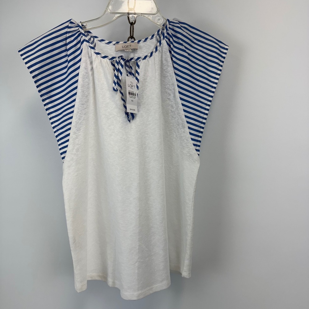 LOFT Outlet Blue Stripe Tie Neck Top XS‎ NWT
